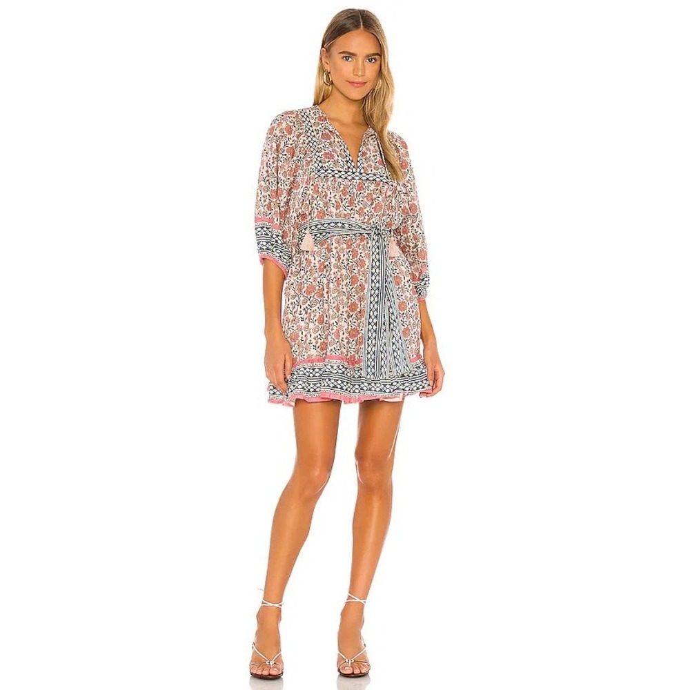 Cleobella Magdalena Mini Dress Sunset Floral Boho Woodblock Print Pink Blue M